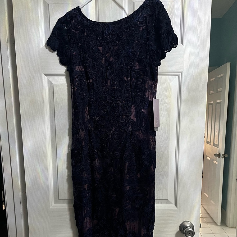 JS Collection blue lace, pink undertone, cap sleeve floor length dress